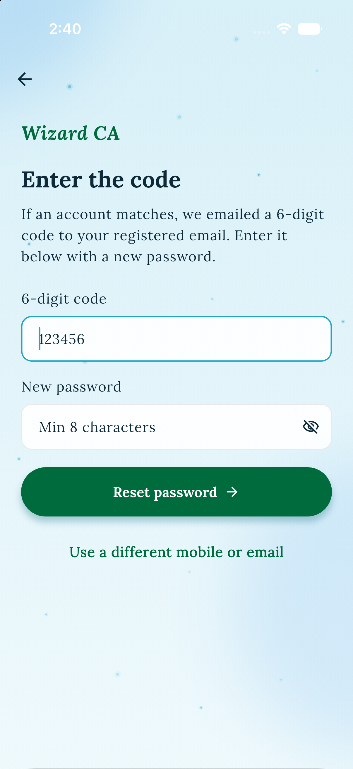 Enter the code and set a new password