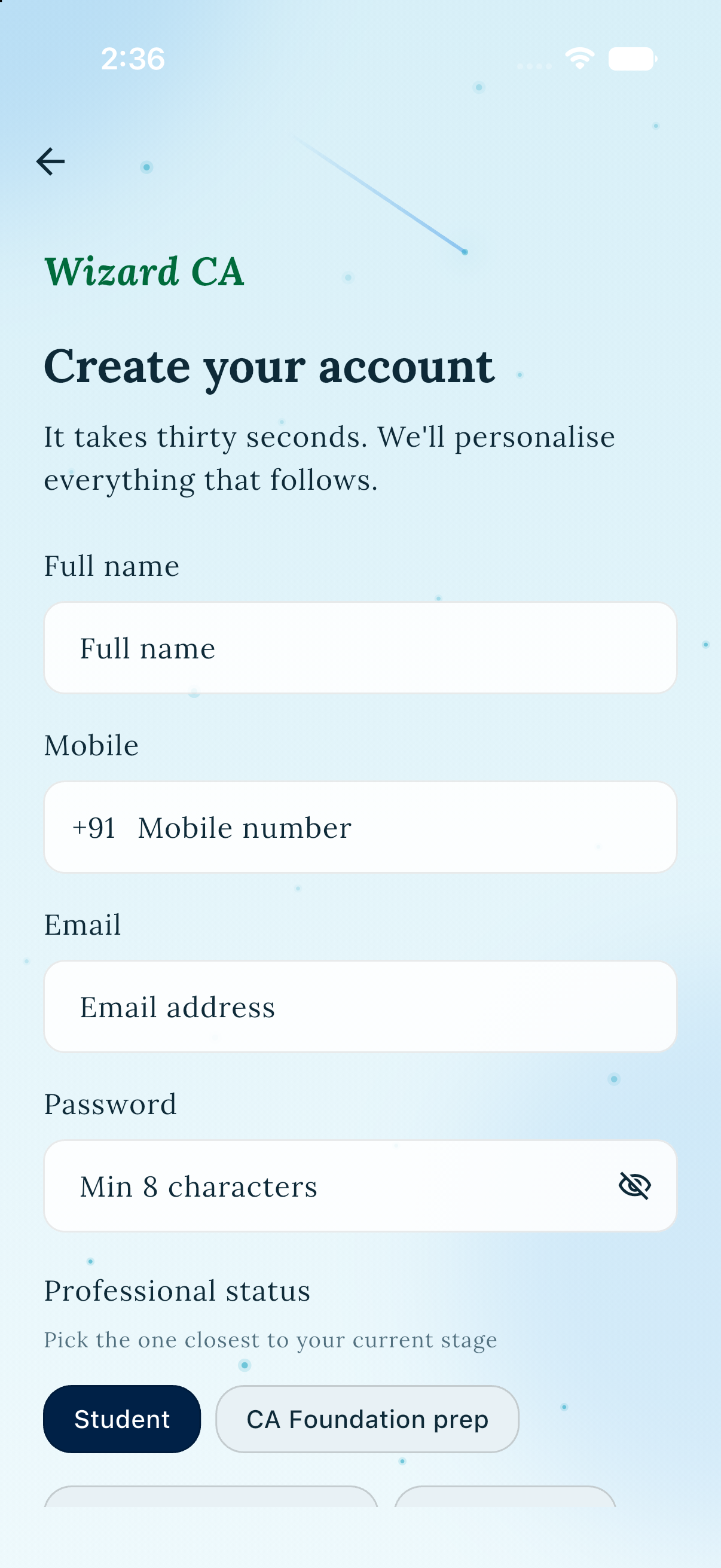 Wizard CA sign up screen